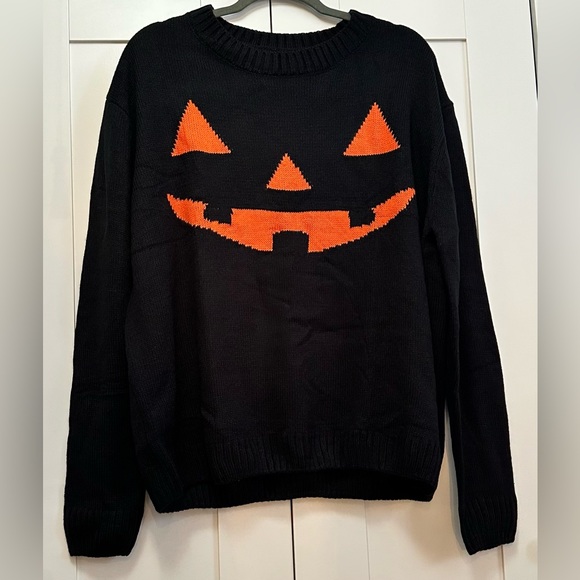 Halloween Pumpkin Jack O Lantern Design Black Sweater Sz XL NEW! - Picture 1 of 3